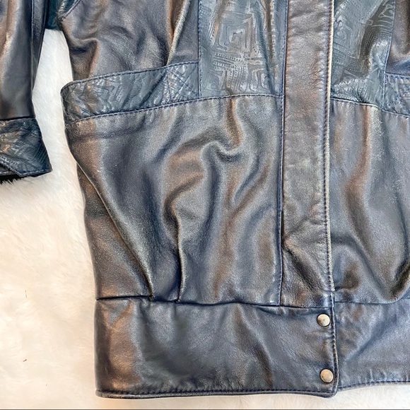 VINTAGE 80s Etched Navy Blue Leather Jacket - Picture 3 of 8
